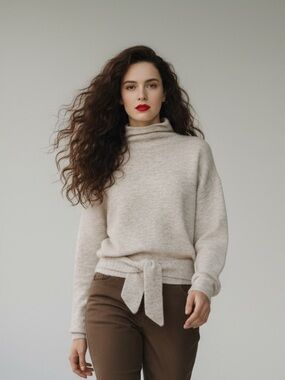 Aritzia Wilfred Lorin Tie-Front Funnel Neck Sweater Heather Birch Size S